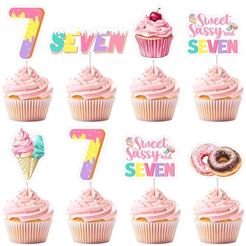 Kreatwow Donut 7th Birthday Party Dekorationen 24pcs Donut Thema 7th Birthday Cupcake Topper Sweet Sassy und Seven Party Dekorationen Donut Sweet Cake Decor Sweet 7th Birthday Ice Cream Party von Kreatwow