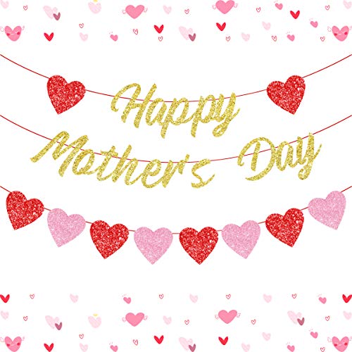 Kreatwow Happy Mother's Day Banner Muttertag Party Dekorationen We Love Mom Party Supplies mit glitzernder Herz Girlande von Kreatwow