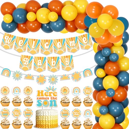 Kreatwow Here Comes the Son Baby Shower Dekorationen für Jungen Here Comes The Son Balloon Banner Cake Toppers for Boho Sunshine Baby Shower Party You Are My Sunshine Here Comes The Son Party Supplies von Kreatwow