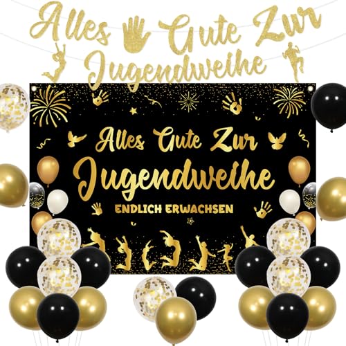 Kreatwow Jugendweihe Deko Alles Gute Zur Jugendweihe Banner Endlich Erwachsen Kulisse Banner Endlich Erwachsen Party Dekoration Schwarz Gold Luftballons for Junge MäDchen Meine Jugendweihe Party Deko von Kreatwow