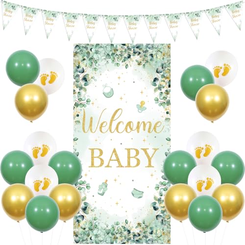 Kreatwow Salbeigrün Babyparty-Dekorationen Willkommen Baby Türbanner Neutral Babyparty Dekorationen Türdekor Wimpel Banner Grün Gold Ballon Türschild Grün Baby Shower Safari Geschlecht Enthüllung von Kreatwow