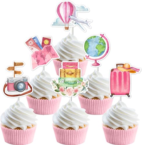 Kreatwow Travel Party Cupcake Toppers 24pcs Rosa Lassen Sie das Abenteuer beginnen Cupcake Picks Travel Theme Birthday Party Supply Travel Around The World Cupcake Dekorationen für Bon Voyage von Kreatwow