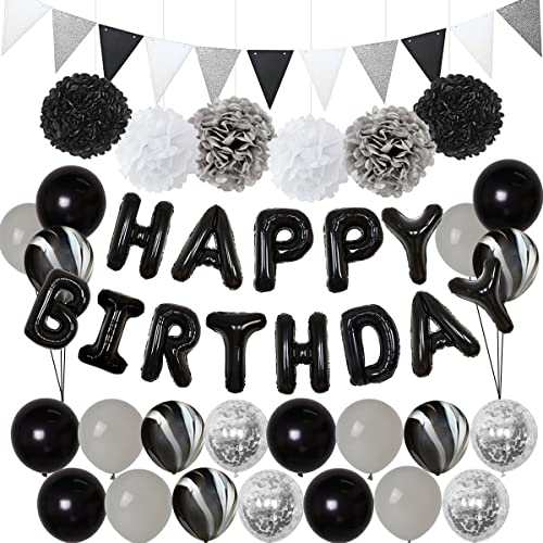 Kreatwow Schwarz Silber Geburtstag Dekorationen Männer Frauen Schwarz Weiß Marmor Konfetti Luftballons Kit Happy Birthday Banner Girlande Seidenpapier Pom Poms für 16. 18. 21. 30. 40. Geburtstag von Kreatwow