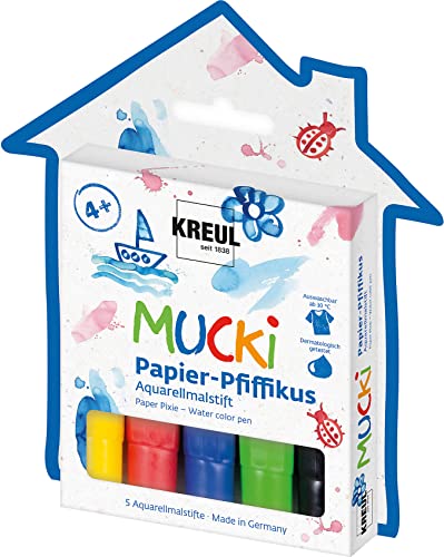 KREUL 27155 - MUCKI Papier Pfiffikus, 5 Stifte Aquarellmalstifte für Kinder in gelb, rot, blau, grün und schwarz, Strichstärke 2 - 5 mm, für beeindruckende Aquarelleffekte von Kreul