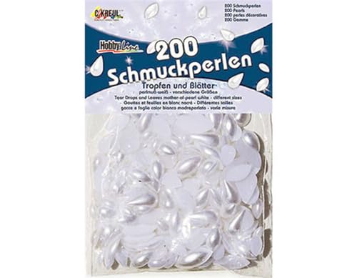 KREUL 49904 - Schmuckperlen Tropfen und Blätter, 200 Stück sortiert, perlmuttweiß, ideal zum Verzieren von Dekoelementen und Gebasteltem von Kreul