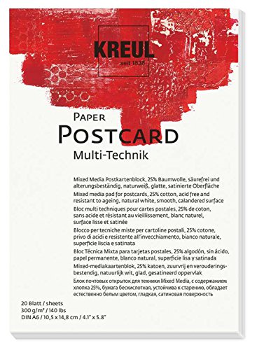 KREUL 69031 - Paper Postcard, DIN A6, 300 g/qm, 20 Blatt, säurefrei und alterungsbeständig, naturweiß, für Mixed Media Fine Art Techniken von Kreul