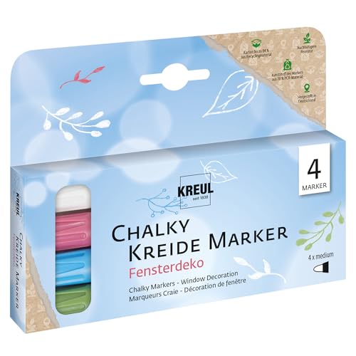 KREUL 22709 - Chalky Kreidemarker Fensterdeko, 4 Stifte, medium, matt, deckend, lichtecht, schnelltrocknend, Set mit non-permanenten Chalky Kreidemarker zum Bemalen & Beschreiben von Fensterscheiben von Kreul