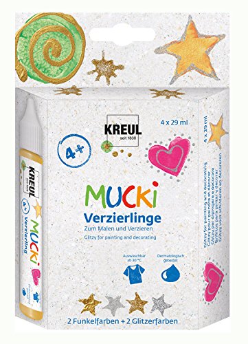 KREUL 24340 - Mucki Verzierling Set, 4 x 29 ml funkel silber und gold, glitzer silber und gold, Kindereffektfarbe auf Wasserbasis, parabenfrei, glutenfrei, laktosefrei, vegan, auswaschbar von Kreul