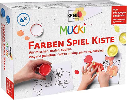 KREUL 29100 - Mucki Fingermalfarbe, Farben Spiel Kiste, Wir mischen, malen, tupfen, Lern- und Spielset, 5 x 50 ml Fingerfarbe, 2 kleine Dosen zum Farbe mischen sowie 10 Malvorlagen von Kreul