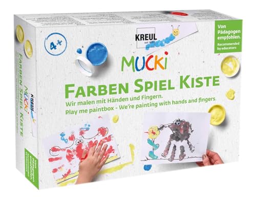 KREUL 29101 - Mucki Fingermalfarbe, Farben Spiel Kiste, Wir malen mit Händen und Fingern, Lern- und Spielset, 5 x 50 ml Fingerfarbe, 2 kleine Dosen, Wackelaugen, Holzstäbchen sowie 10 Malvorlagen von Kreul