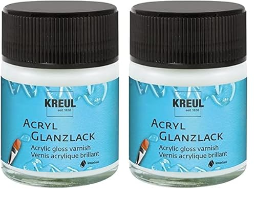 Kreul 79401 - Acryl Glanzlack, glänzend transparent, 50 ml Glas, auf Wasserbasis, Schutz- und Überzugslack für durchgetrocknete Aufmalungen, bedingt witterungsbeständig, speichelecht (Packung mit 2) von Kreul