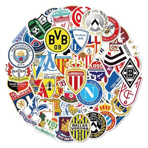 50 Stück Fußball Club Sticker Set, Wasserdichte Vinyl Aufkleber, Fußball Match Decals für Wasserflaschen, Gepäck, Logo der Fußball-Aufkleber,Fußball Team Logo,für Kinder Jugendliche Erwachsene von Krilucly