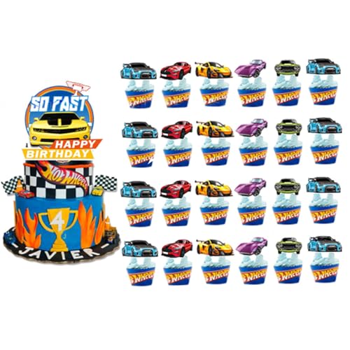 Krilucly 25 Stück Cool Auto Tortendeko Jungen, Rennen Kuchen Deko Kindergeburtstag, Cake Topper Set, Happy Birthday Topper für Kinder Geburtstag Party Kuchen Dekoration Supplies von Krilucly