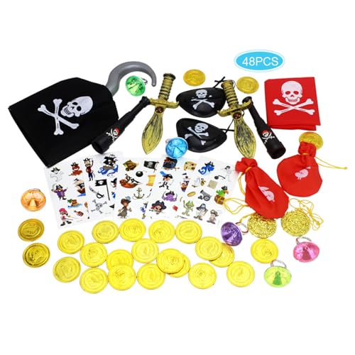 Krilucly 48 Pcs Piraten Deko Kinder, Piraten Zubehör Set, Piraten Münzen, Augenklappe Pirat, Goldmünzen, für Kinder Geburstag Piratenparty Maskerade Halloween Rollenspiele von Krilucly