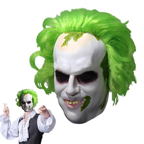 Krmoau Beetlejuice 2 Kopfmasken, Gruselige Halloween-Gesichtsbedeckungen, Gruselige Halloween-Gesichtsbedeckungen, Filmgrüne Perücke, Vollkopf-Gesichtsbedeckung Für Kostüm, Cosplay von Krmoau