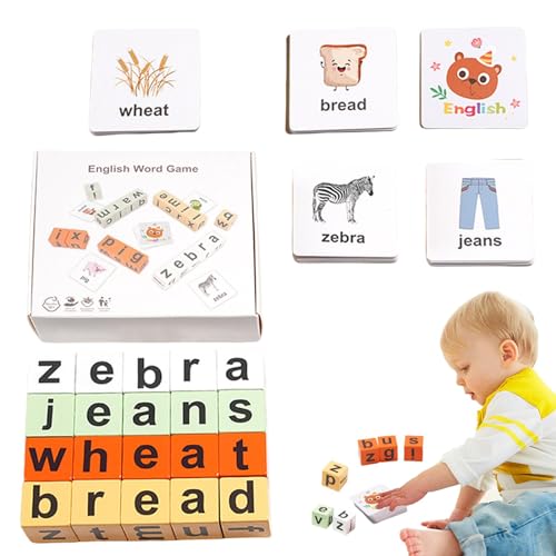 Krujecnt Buchstabierspiel aus Holzklötzen, Leseklötze aus Holz zum Lernen von Rechtschreibspielen,Alphabet-Buchstabenspiel für Kinder - Rechtschreibspiele, Lernkarten, Buchstabenrätsel für Kinder, von Krujecnt