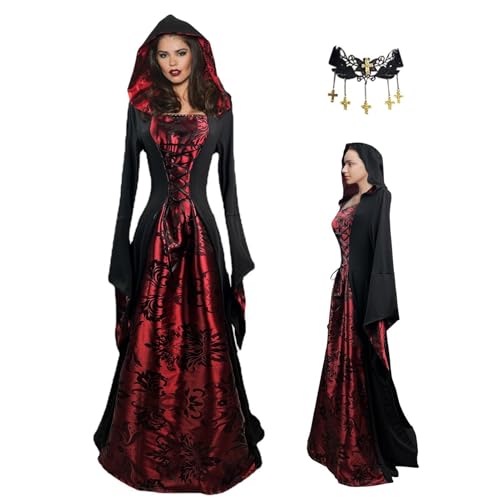 Krujecnt Gothic Kleid, Halloween Kleid Für Frauen, Halloween Hexen Kostüm, Gothic Renaissance Kapuzenkleid, Mittelalterliches Cape Kleid, Vintage Elegantes Vampir Kleid von Krujecnt