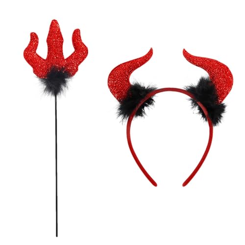 Krujecnt Halloween Teufel Kostüm Set, Rote Teufelshörner Und Teufelsgabel Teufels Set, 2 Stück red Devils Kostüm Kinder Frauen Männer Halloween Zubehör, Dämon Kostüm Zubehör Für Cosplay Party von Krujecnt