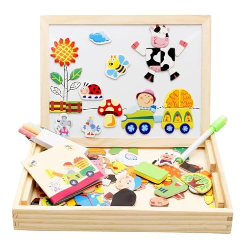 Krujecnt Holz-Tierpuzzle-Set, magnetische Tierpuzzles - Magnetisches Bauernhof-Puzzlespielzeug,Kinder-Cartoon-Lernspielzeug, tragbares sensorisches Spielzeug für Vorschule, Kindergarten von Krujecnt