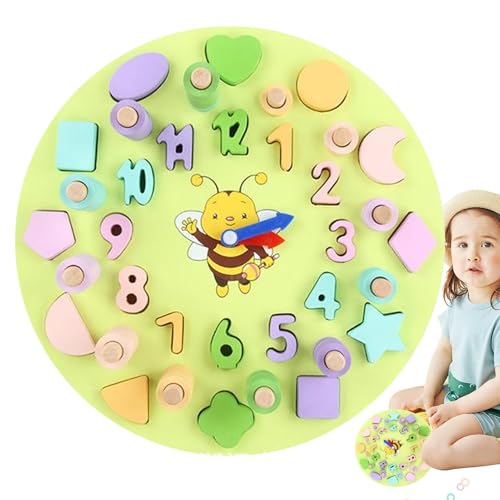 Krujecnt Holzspielzeug zum Sortieren von Zahlen und Formen, Lernuhr für Kinder - Buntes Zählspielzeug, Zahlenform-Matching-Brett - Uhr-Farbzahl-Mathe-Lehrmittel, Vorschul-Lernaktivitäten für und von Krujecnt