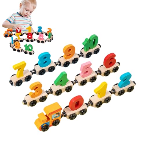 Krujecnt Magnetischer Zug aus Holz, Magnetischer Holzzug, Digitale Spielzeugeisenbahn für Kinder, Buntes Lerneisenbahn-Set, Set mit 12 Zugspielzeugen für 1–3 Jahre alte Kinder, Vorschul-Lernspielzeug von Krujecnt