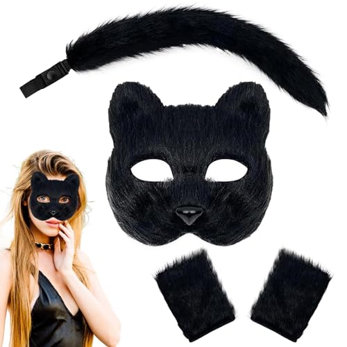 Krujecnt Ohren und Schwanz Cosplay | Tier-Halbgesichtsmaskerade - Pelziger Plüschwolfschwanz, Pfoten-Handschuh-Set mit Maskerade, Schwanz für Cosplay-Party, Rollenspiel-Partys von Krujecnt