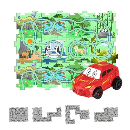 Krujecnt Puzzle-Gleiswagen-Spielset, Eisenbahnwaggon-Puzzle-Gleis, Lernspiele Rennbahn-Puzzlebrett, Feinmotorik-Spielzeug für Autostrecken, Land-Themen-Puzzle-Racer-Spielzeug für Kleinkinder, von Krujecnt