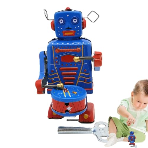 Krujecnt Retro Aufziehspielzeug, Aufziehroboter | Trommelndes Roboterspielzeug aus Metall | Blaues süßes Uhrwerkspielzeug, tragbares antikes Spielzeug für Bücherregal, Schlafzimmer, Tischdekoration von Krujecnt