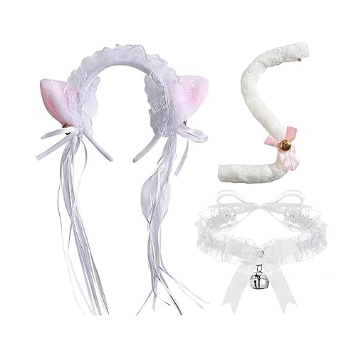 Ksikdeg Katzen Kostüm Set Katzen Ohren Stirnband Kopfschmuck Katzen Schwanz Spitze Choker Halloween Kostüme Tier Cosplay Party Requisiten von Ksikdeg