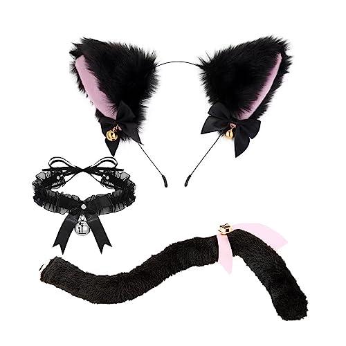 Ksikdeg Katzen Kostüm Set Katzen Ohren Stirnband Kopfschmuck Katzen Schwanz Spitze Choker Halloween Kostüme Tier Cosplay Party Requisiten von Ksikdeg