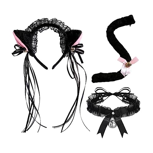 Ksikdeg Katzen Kostüm Set Katzen Ohren Stirnband Kopfschmuck Katzen Schwanz Spitze Choker Halloween Kostüme Tier Cosplay Party Requisiten von Ksikdeg