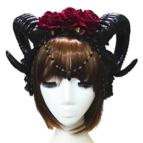 Ksikdeg Mystical Damen-Haarreif aus Schafhorn, 3 Rosen, Schmuckanhänger, Kette, Haarreif für Vampir, Gothic, Cosplay, Kopf von Ksikdeg