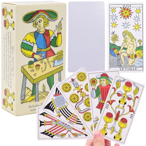 Ksopsdey Marseille Tarot DE.Marseille Tarot Tarotkarten Tarot Cards Set mit Farbkasten Tarotkarten für Anfänger Partyspiele Kartenspiele für Erwachsene Schicksal Vorhersage Karten Englische Version von Ksopsdey