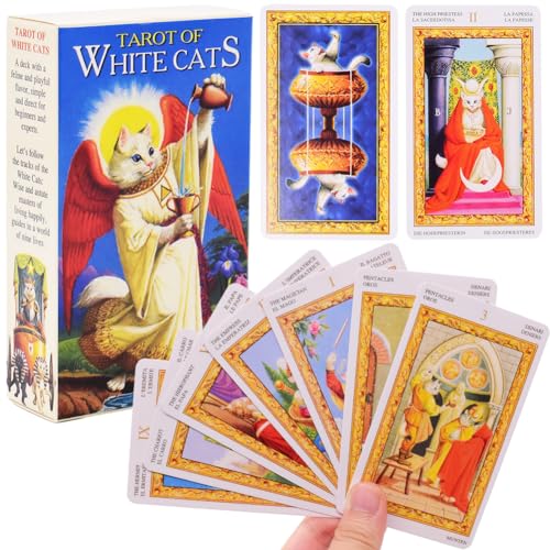 Ksopsdey White Cats Tarot Cat Tarot Karten Tarotkarten Tarot Cards Set mit Farbkasten Tarotkarten für Anfänger Partyspiele Kartenspiele für Erwachsene Schicksal Vorhersage Karten Englische Version von Ksopsdey