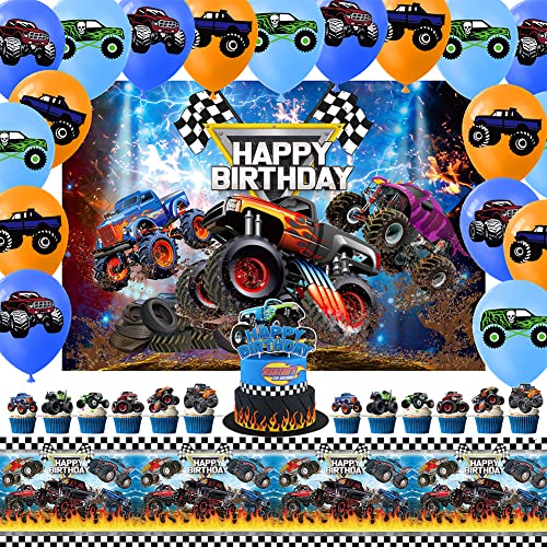 Monster Truck Geburtstag Dekoration Set Monster Truck Thema Party Dekoration Monster Truck Luftballons Hintergrund Happy Birthday Banner Cake Topper Deko Tischdecke Party Set für Kindergeburtstag von Ksopsdey