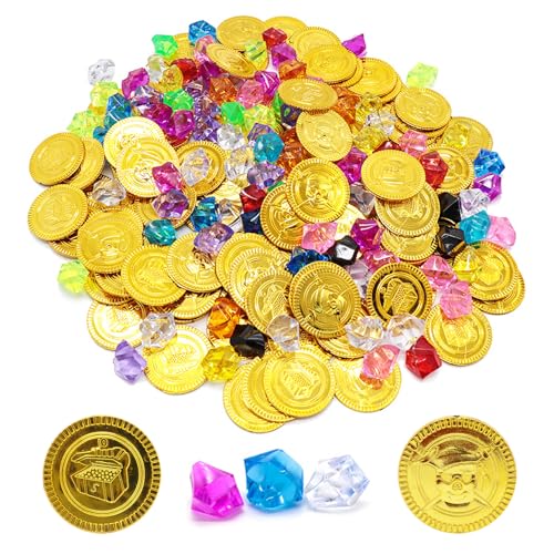 Ksvaye 200 Stück Piratenschatz Goldmünzen Kinder und Edelsteine für Kinder, Spielgeld Münzen, Piratenparty Mitgebsel Schatzsuche für Piraten Deko, Schatz Gold Edelsteine Kinder von Ksvaye