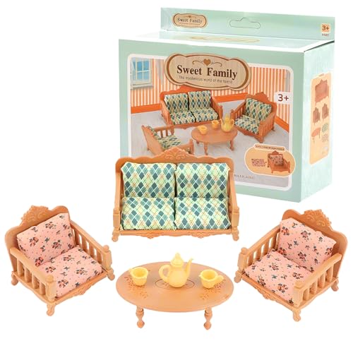 Ksvaye Puppenhaus Möbel Set 7 Stück Puppenmöbel Sofa Sessel Tisch Teekanne Teetassen Puppenhaus Zubehör Deko 1:12 Puppenhaus Wohnzimmer Balkon Miniatur Möbel Dollhouse von Ksvaye