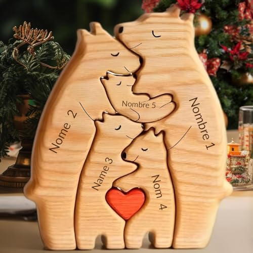 KuSONG Personalisiertes Holzkunstpuzzle der Bärenfamilie mit Namen, Holz Bär Puzzle Bärenbrüder Skulpturen Ornament für Zuhause Personalisiert Familie Geschenk Ideen für Eltern Familie (Families of 5) von KuSONG