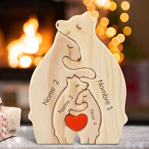 KuSONG Personalisiertes Holzkunstpuzzle der Bärenfamilie mit Namen, Holz Bär Puzzle Bärenbrüder Skulpturen Ornament für Zuhause Personalisiert Familie Geschenk Ideen für Eltern Familie (Families of 4) von KuSONG