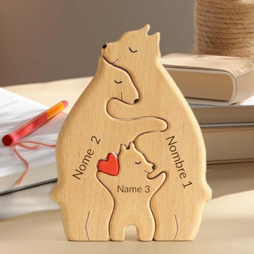 KuSONG Personalisiertes Holzkunstpuzzle der Bärenfamilie mit Namen, Holz Bär Puzzle Bärenbrüder Skulpturen Ornament für Zuhause Personalisiert Familie Geschenk Ideen für Eltern Familie (Families of 3) von KuSONG