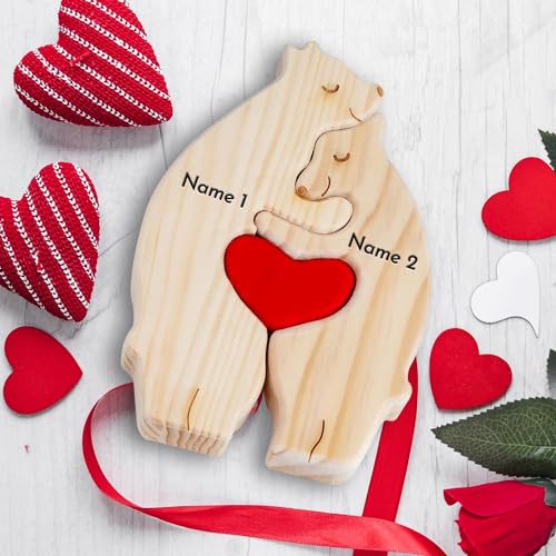 KuSONG Personalisiertes Holzkunstpuzzle der Bärenfamilie mit Namen, Holz Bär Puzzle Bärenbrüder Skulpturen Ornament für Zuhause Personalisiert Familie Geschenk Ideen für Eltern Familie (Families of 2) von KuSONG