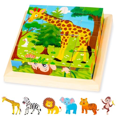 Kujinova Würfelpuzzle Holz, Bilderwürfel Puzzlespiele, 6 in 1 Tier-Motive Holzpuzzle Montessori Spielzeug, Lernspielzeug Holzspielzeug für Kinder ab 3 4 5 Jahren, Geschenk für Jungen und Mädchen (A) von Kujinova