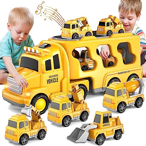 Kinder-Bauwagen-Spielzeug-LKW für Kleinkinder Jungen Mädchen 1 2 3 4 5 6 Jahre alt, 5 in 1 Kleinkind Trucks Spielzeug für Jungen Alter 1-3 3-5, Junge Spielzeug Weihnachten Geburtstag Geschenk Auto Sets mit Licht Sound von KukuFun