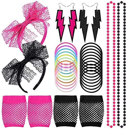 Kulannder 80er Jahre Party Kostüm Damen 1980s Accessoires Set Damen Neon Armband Ohrringe Fischnetz Handschuhe Neo Kunststoff Halskette lace 80s Lace Stirnband für Retro Fashion von Kulannder