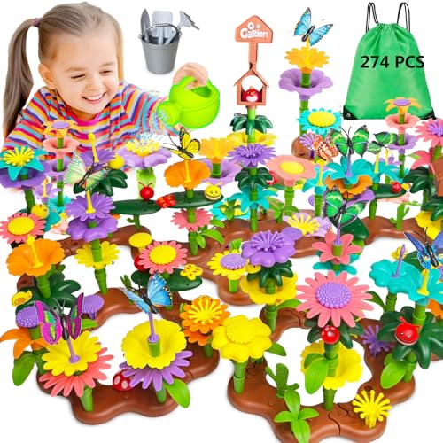 Kulveanju Blumengarten Spielzeug für 3 Jährige Mädchen, 274 Stück DIY Bouquet Sets mit Aufbewahrungsbeutel, Montessori Blumen Bausteine Spielzeug ab 3 4 5 Jahre Mädchen Junge Geburtstags Geschenk von Kulveanju