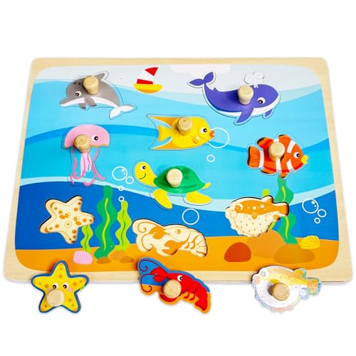 Kulveanju Holzpuzzle 1 Jahr, Montessori Kinder Puzzel mit Griff, Lernspielzeug Puzzle Kleinkind Spielzeug, Montessori Ozean Biologie Steckpuzzle Holz Spielzeug Geschenk für Baby 1 2 3 Jahr von Kulveanju