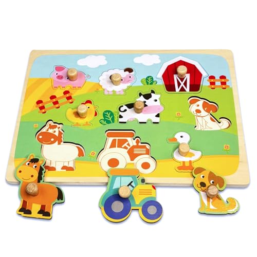 Kulveanju Holzpuzzle 1 Jahr, Montessori Kinder Puzzel mit Griff, Lernspielzeug Puzzle Kleinkind Spielzeug, Montessori Tiere Steckpuzzle Holz Spielzeug Geschenk für Baby 1 2 3 Jahr von Kulveanju