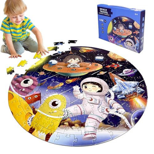 Kulveanju Kinder Puzzle ab 4 5 6 Jahre, 128 Teile Bodenpuzzle, Raumschiff Puzzle, Große Kinderpuzzle Spielzeug Kreisförmig, Puzzle für Jungen und Mädchen 3-7 Jährige Geschenk, 42x42 cm von Kulveanju