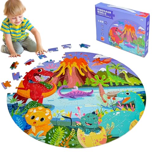 Kulveanju Kinder Puzzle ab 4 5 6 Jahre, 128 Teile Bodenpuzzle Dinosaurier Vulkan, Große kinderpuzzle Spielzeug Kreisförmig, Puzzle für Jungen und Mädchen 3-7 Jährige Geschenk, 42x42 cm von Kulveanju