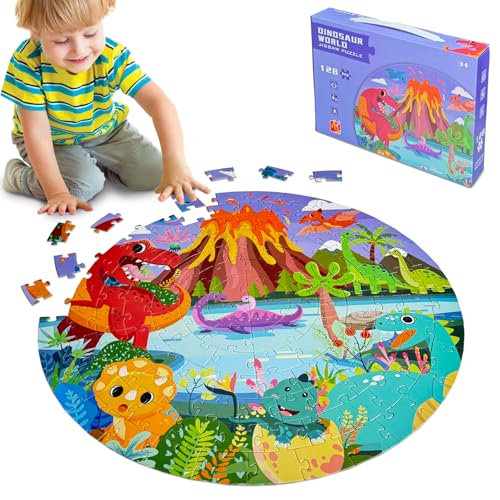 Kulveanju Kinder Puzzle ab 4 5 6 Jahre, 128 Teile Bodenpuzzle Dinosaurier Vulkan, Große kinderpuzzle Spielzeug Kreisförmig, Puzzle für Jungen und Mädchen 3-7 Jährige Geschenk, 42x42 cm von Kulveanju